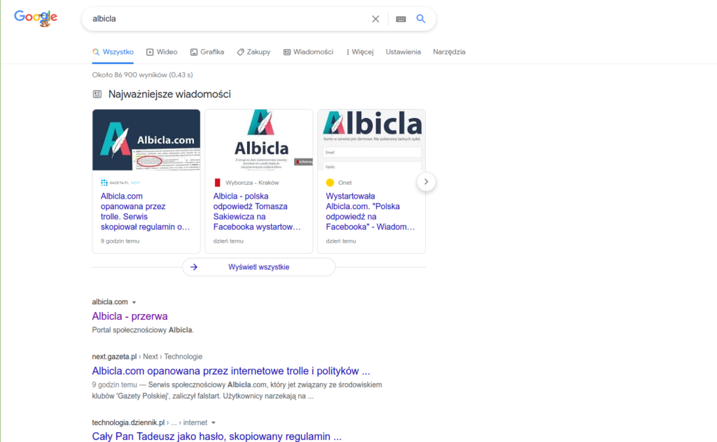 Portal społecznościowy Albicla w wyszukiwaniach Google