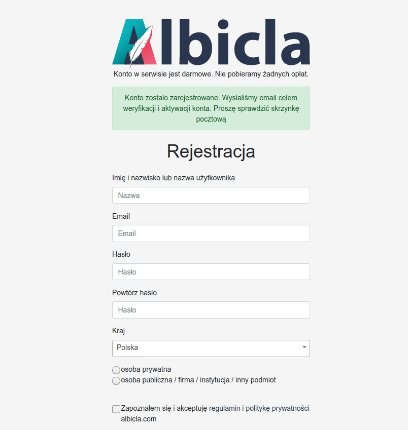 Portal społecznościowy Albicja - formularz rejestracji.