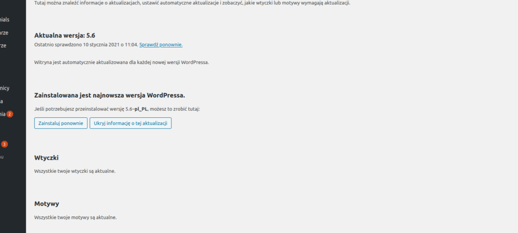 Wersja WordPress - zrzut ekranu - strona na bieżąco aktualizowana