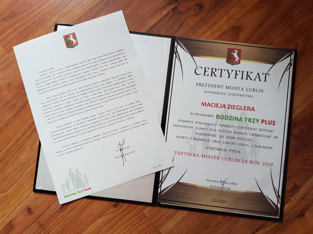 Certyfikat - Partner miasta Lublin
