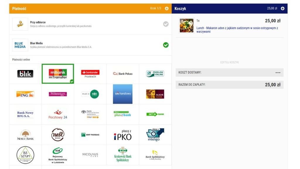 Zakup przez stronę SushiSwidnik.pl - krok 3 - płatności elektroniczne