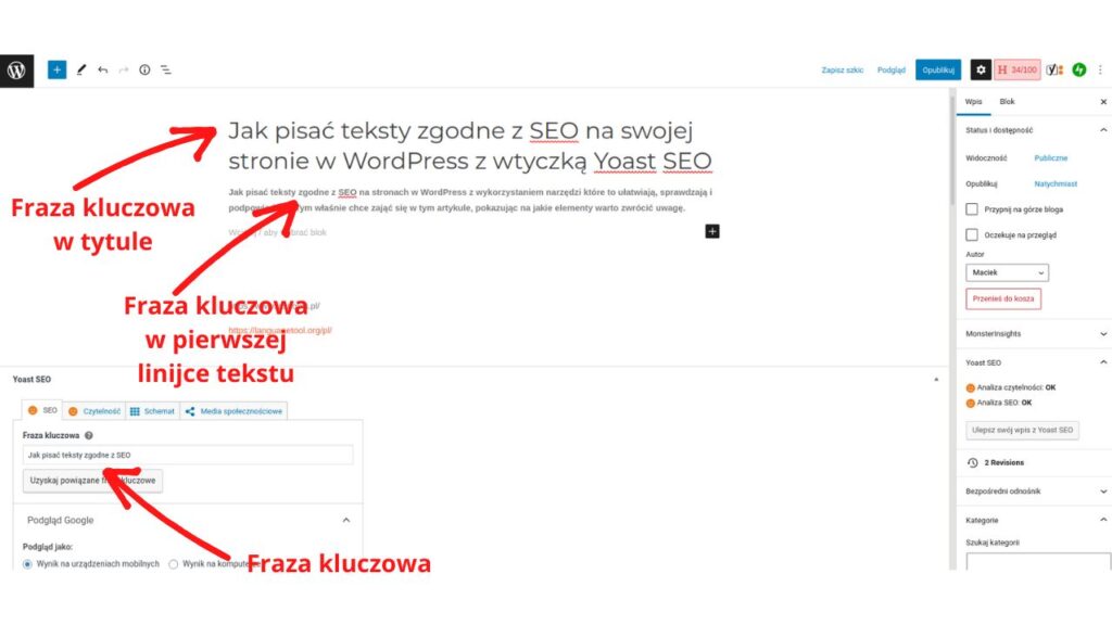 Fraza kluczowa - nagłówek - H1 - pierwsza linijka tekstu