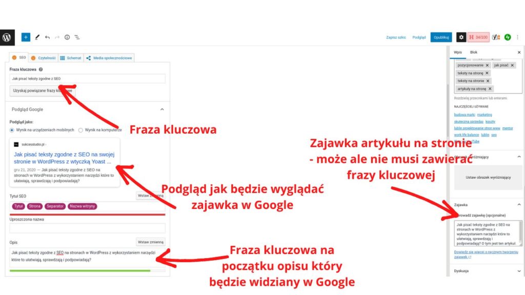 Fraza kluczowa w poszczególnych polach ekranu