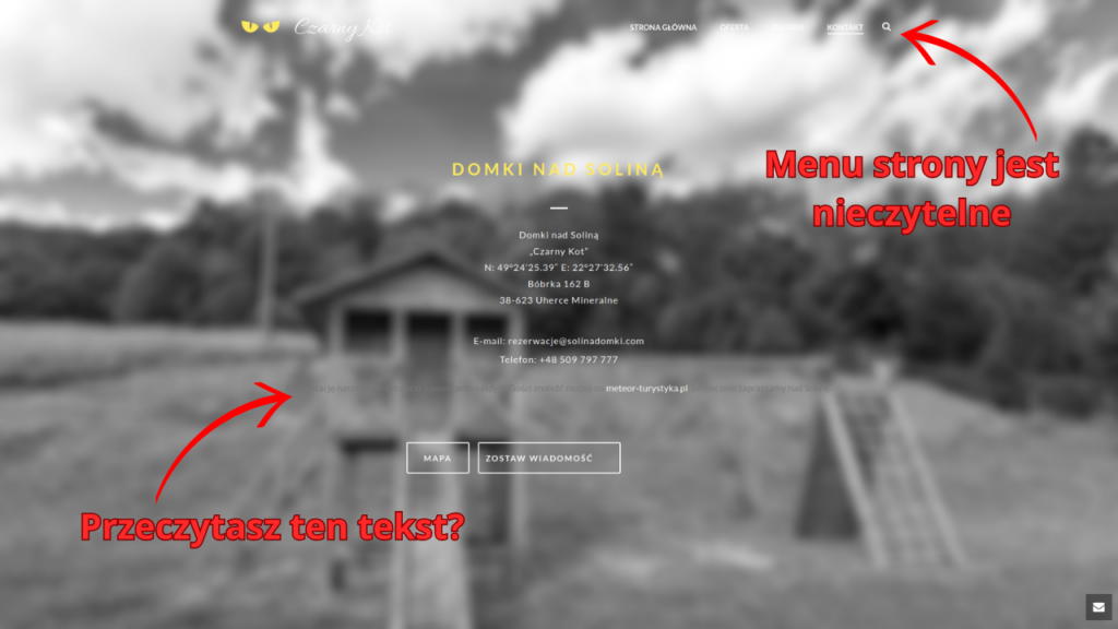 CASE STUDY - TAK KIEDYŚ WYGLĄDAŁA STRONA KONTAKT - Mało czytelny tekst - podane parametry nawigacji które trzeba było wpisać ręcznie - obecnie jedno kliknięcie przenosi do map Google