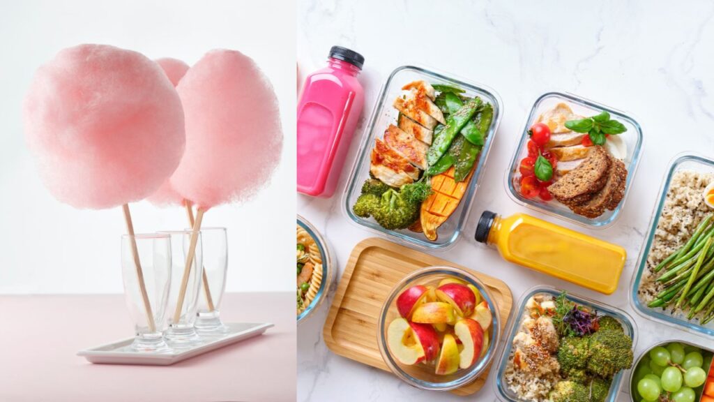 Obrazek przedstawia porównanie waty cukrowej i zdrowego posiłku