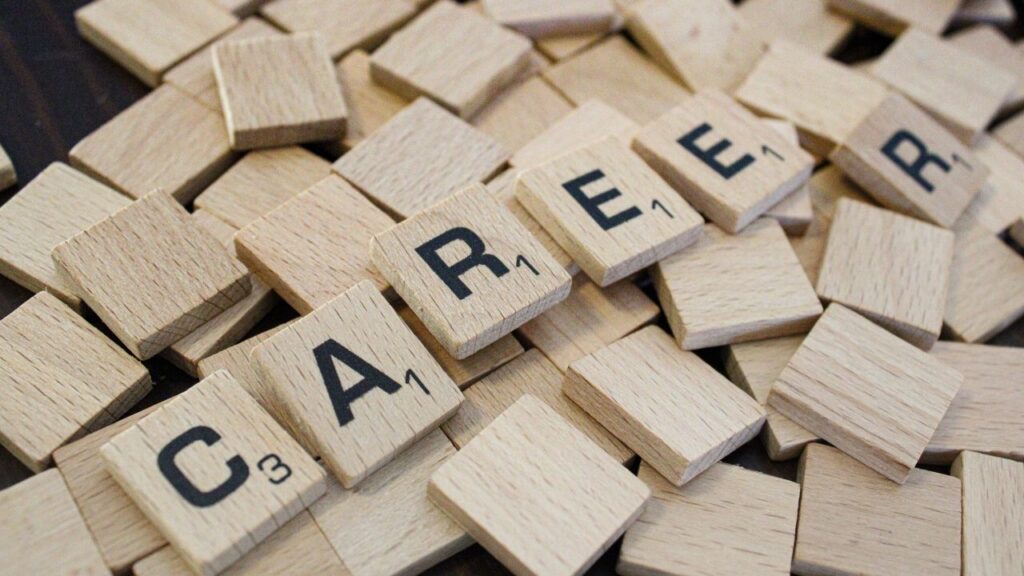 Tekst przedstawia ułożony z klocków napis career