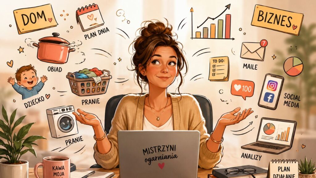 Kobieta siedząca przy biurku z laptopem, wokół niej latają ikony symbolizujące dom (garnek, dziecko, pranie) oraz biznes (wykresy, maile, social media).