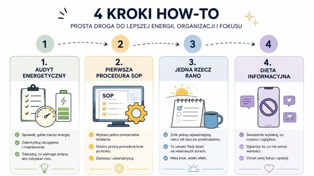 Infografika przedstawiająca 4 kroki HOW-TO: 1. Audyt energetyczny, 2. Pierwsza procedura SOP, 3. Jedna rzecz rano, 4. Dieta informacyjna. Styl