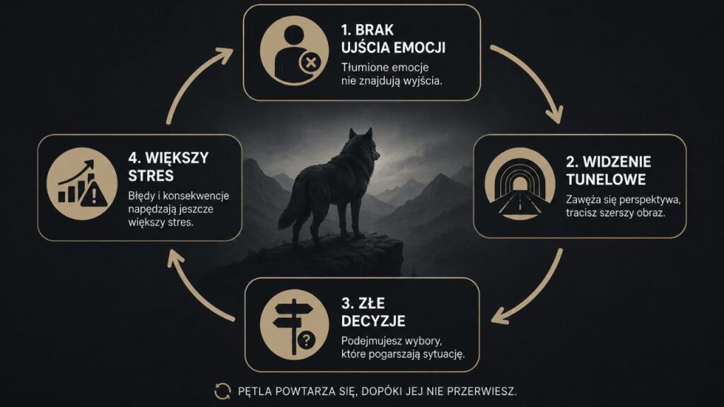 Schemat blokowy pokazujący pętlę stresu samotnego wilka