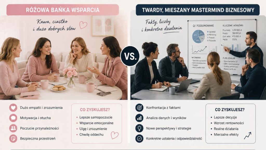 Porównanie dwóch spotkań biznesowych – jedno z kawą i ciastkiem w pastelowych kolorach (podpis: „Różowa bańka wsparcia”), drugie z tablicą suchościeralną pełną wykresów i liczb (podpis: „Twardy, mieszany Mastermind biznesowy”)