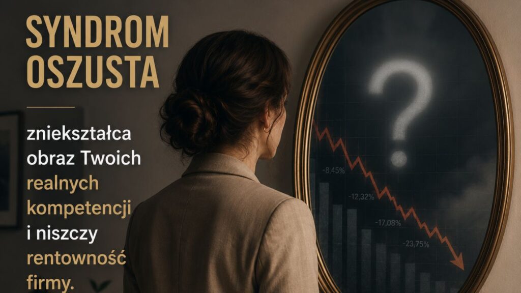 Kobieta patrząca w lustro, w którym zamiast swojego odbicia widzi znak zapytania i wykresy finansowe lecące w dół.