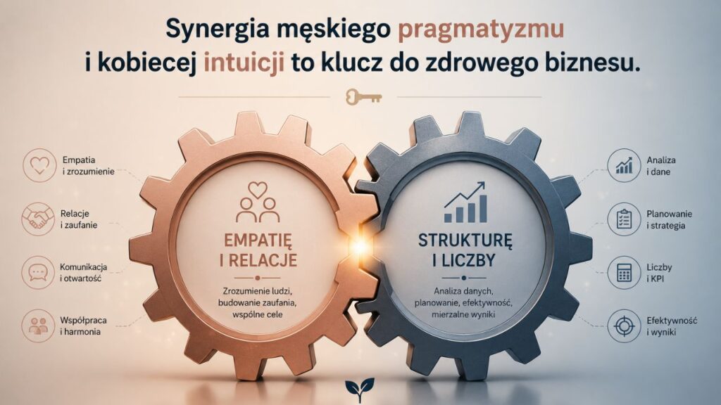 Ilustracja przedstawiająca koła zębate idealnie do siebie pasujące – jedno koło symbolizuje „Empatię i Relacje”, drugie „Strukturę i Liczby”.