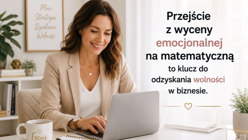 Zdjęcie uśmiechniętej kobiety pracującej przy laptopie w jasnym, nowoczesnym biurze, z kubkiem kawy i notatnikiem.