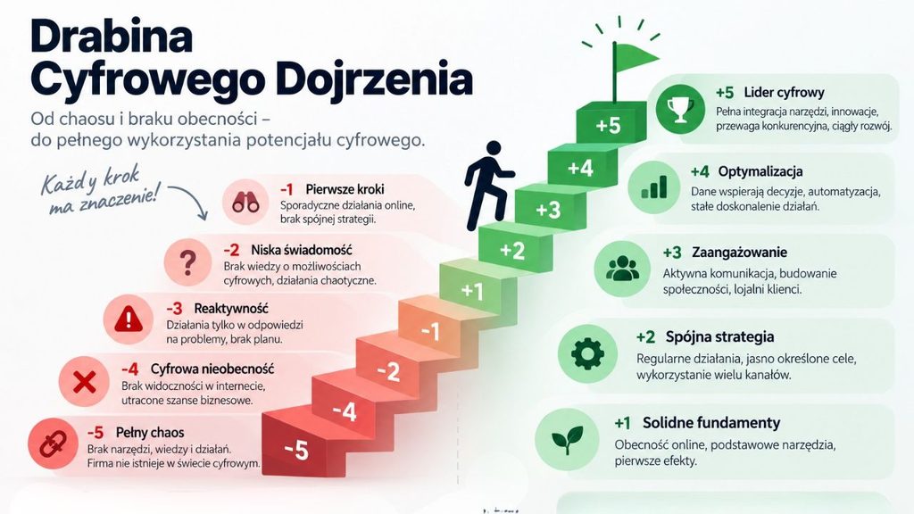 Schemat przedstawiający "Drabinę Cyfrowego Dojrzenia" od poziomu -5 do poziomu +5
