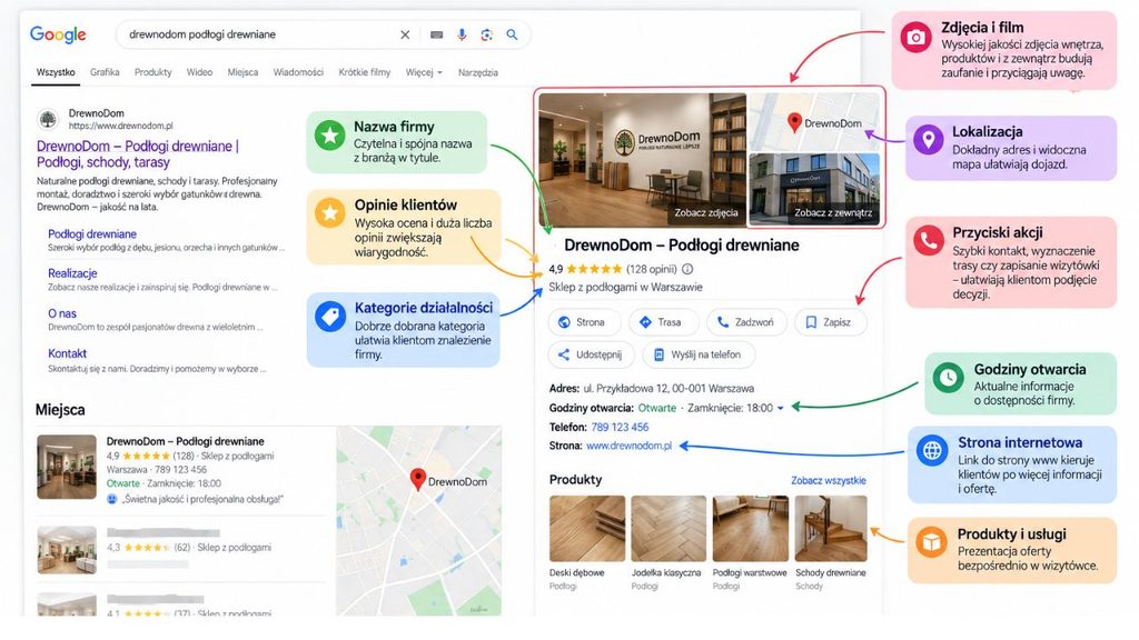 Zrzut ekranu z poprawnie zoptymalizowanego Profilu Firmy w Google z zaznaczonymi kluczowymi elementami