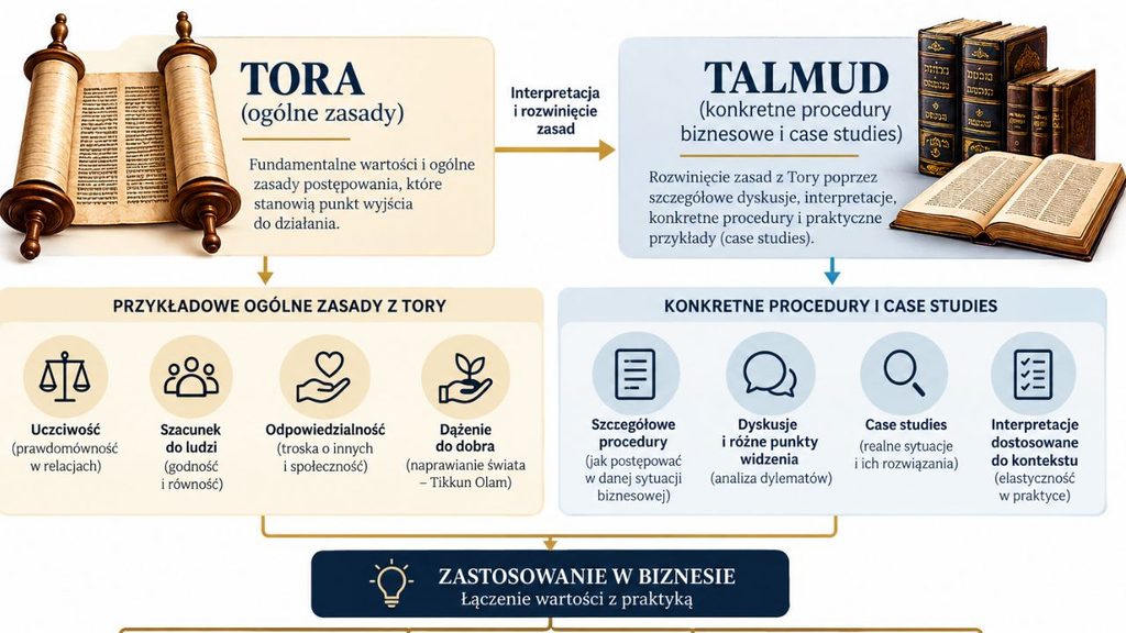 Schemat blokowy pokazujący relację między Torą (ogólne zasady) a Talmudem (konkretne procedury biznesowe i case studies)