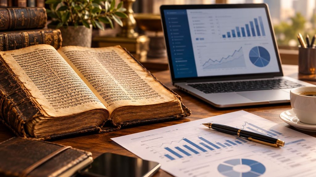 Ilustracja przedstawiająca starożytną księgę leżącą obok nowoczesnego laptopa i wykresów finansowych, symbolizująca połączenie tradycji z nowoczesnym biznesem